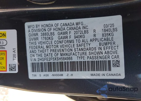 2025 Honda Civic Sport z USA, uszkodzony, nr VIN 2HGFE2F5XSH584966